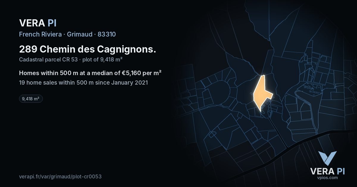 289 Chemin des Cagnignons, Grimaud at night – the plot lit, the parcels around coloured by the prices near them