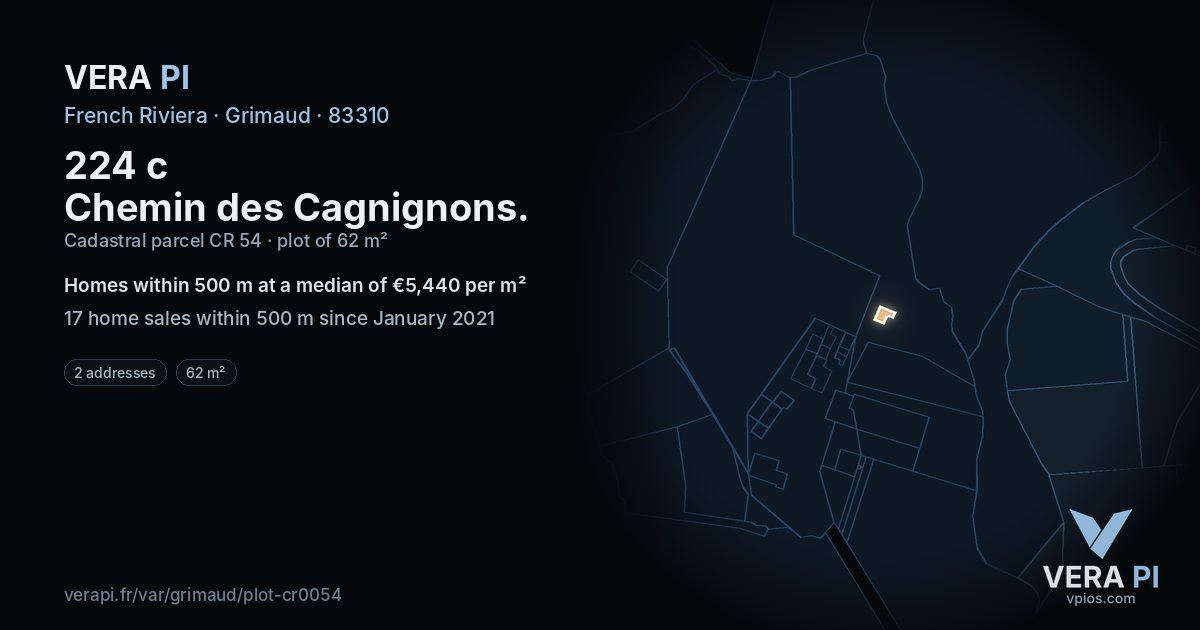 224 c Chemin des Cagnignons, Grimaud at night – the plot lit, the parcels around coloured by the prices near them
