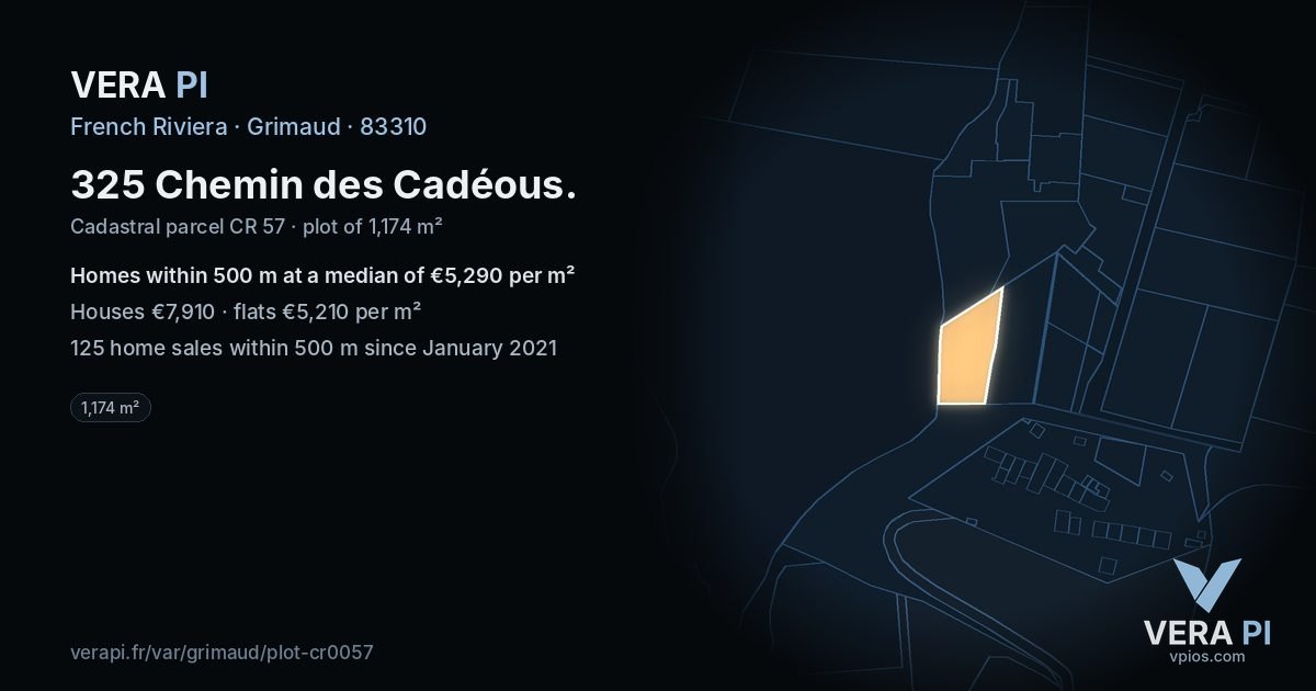325 Chemin des Cadéous, Grimaud at night – the plot lit, the parcels around coloured by the prices near them