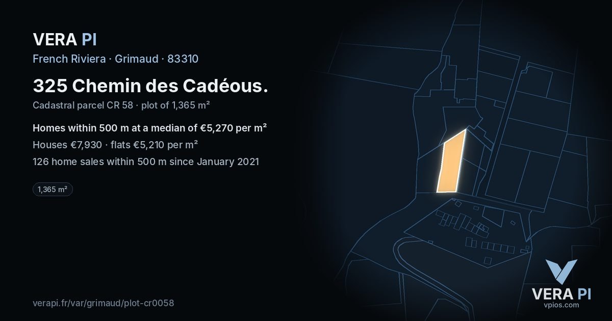 325 Chemin des Cadéous, Grimaud at night – the plot lit, the parcels around coloured by the prices near them