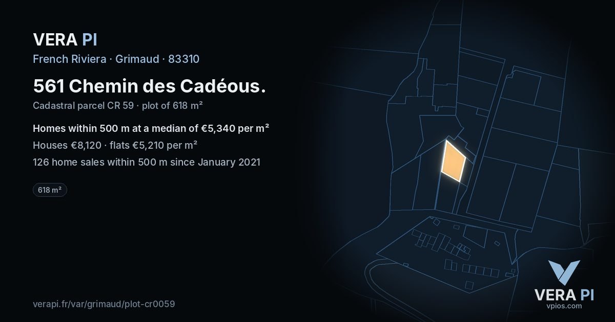 561 Chemin des Cadéous, Grimaud at night – the plot lit, the parcels around coloured by the prices near them