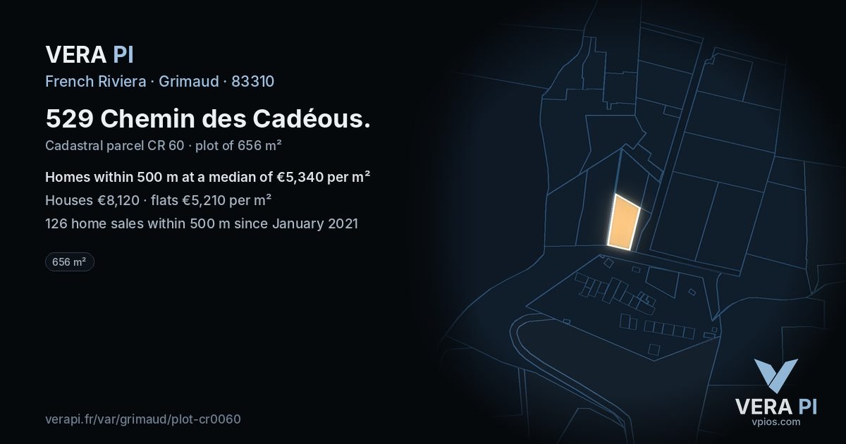 529 Chemin des Cadéous, Grimaud at night – the plot lit, the parcels around coloured by the prices near them