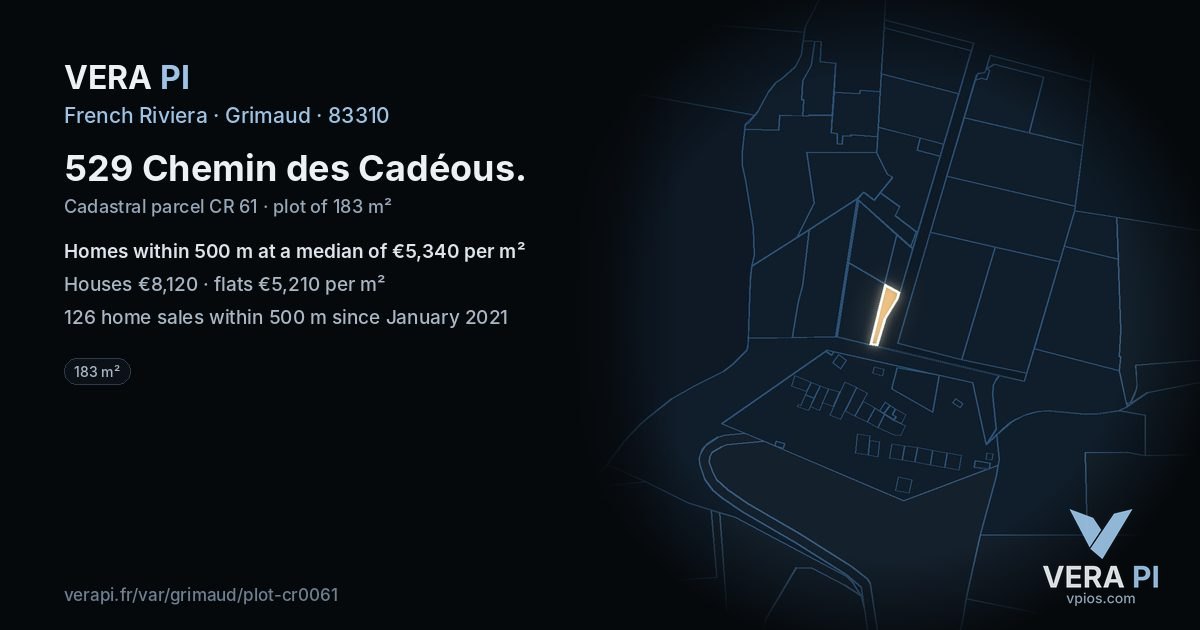 529 Chemin des Cadéous, Grimaud at night – the plot lit, the parcels around coloured by the prices near them