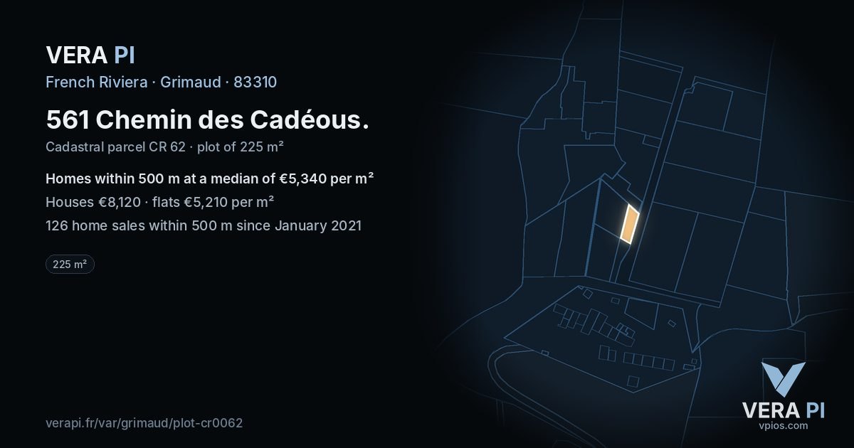 561 Chemin des Cadéous, Grimaud at night – the plot lit, the parcels around coloured by the prices near them