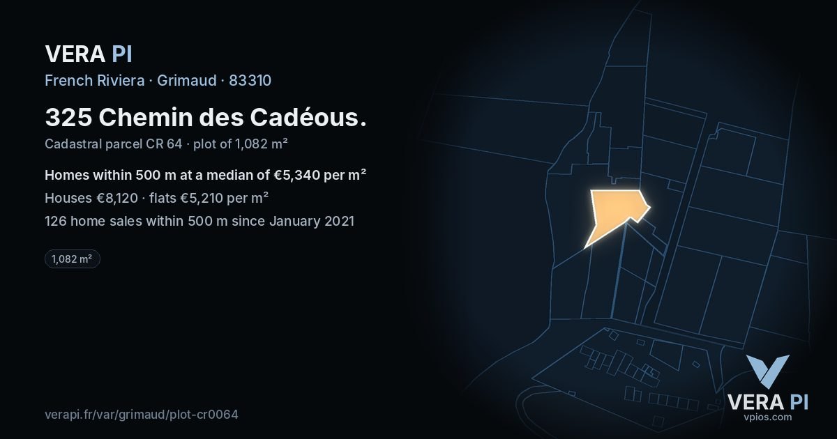 325 Chemin des Cadéous, Grimaud at night – the plot lit, the parcels around coloured by the prices near them