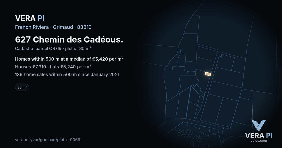627 Chemin des Cadéous, Grimaud at night – the plot lit, the parcels around coloured by the prices near them