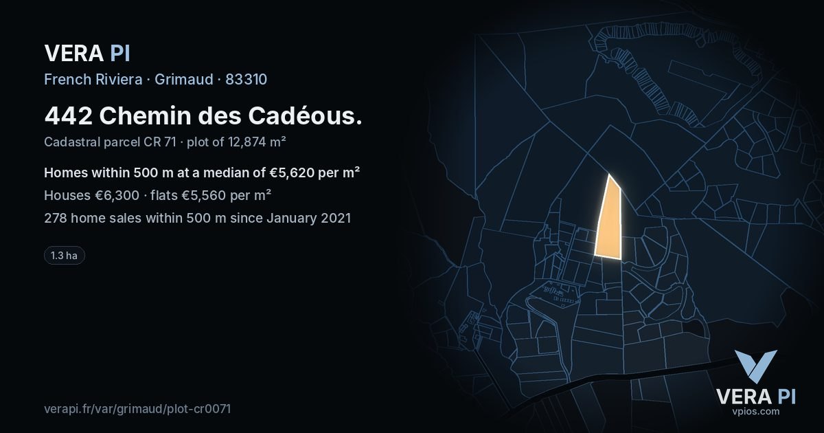 442 Chemin des Cadéous, Grimaud at night – the plot lit, the parcels around coloured by the prices near them