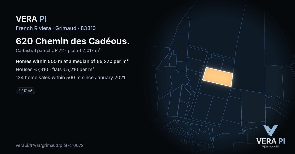 620 Chemin des Cadéous, Grimaud at night – the plot lit, the parcels around coloured by the prices near them
