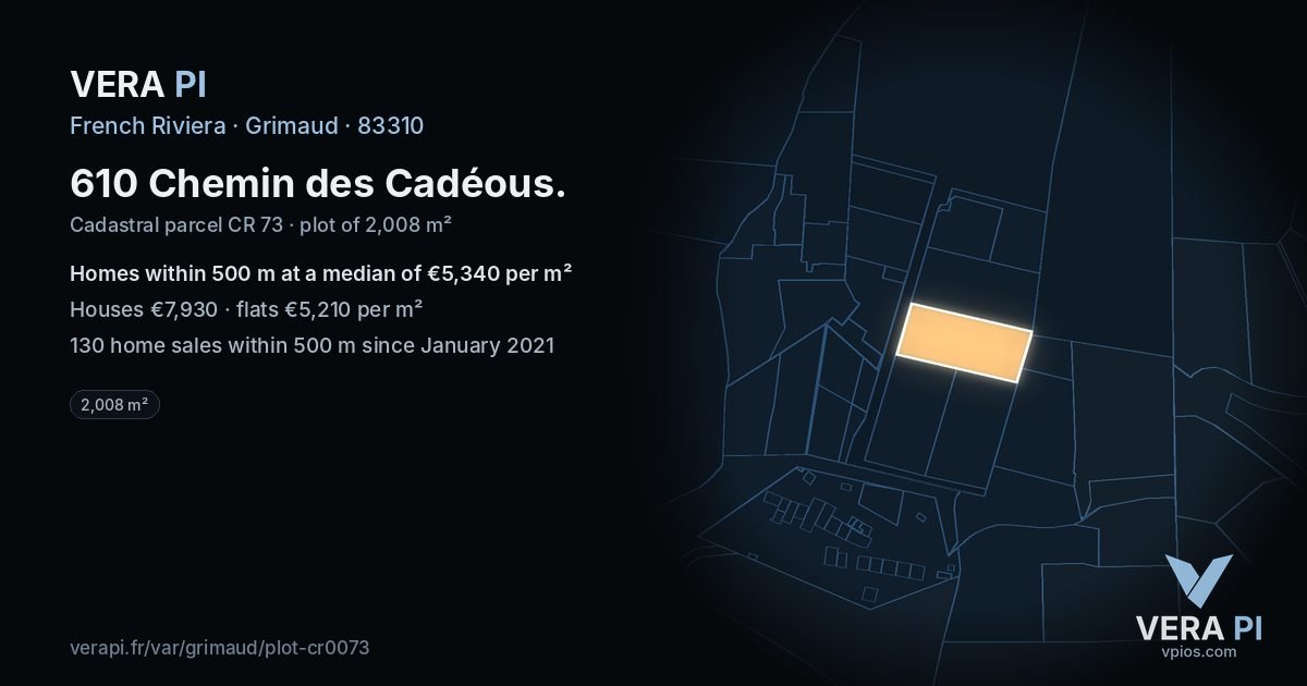 610 Chemin des Cadéous, Grimaud at night – the plot lit, the parcels around coloured by the prices near them