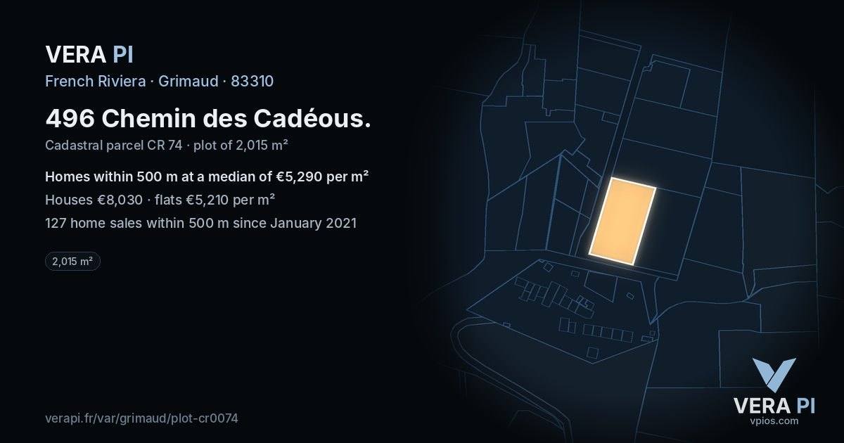 496 Chemin des Cadéous, Grimaud at night – the plot lit, the parcels around coloured by the prices near them
