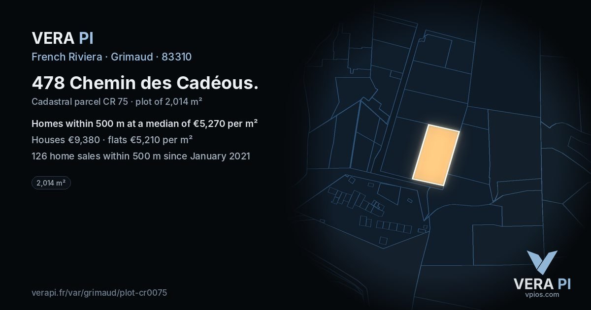 478 Chemin des Cadéous, Grimaud at night – the plot lit, the parcels around coloured by the prices near them