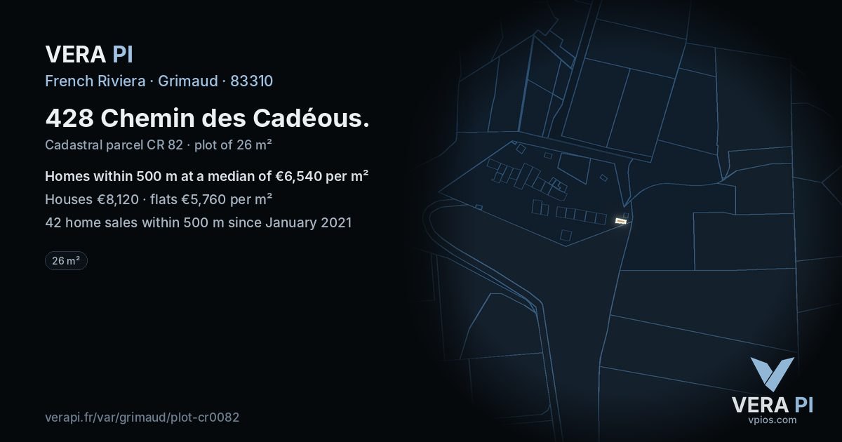 428 Chemin des Cadéous, Grimaud at night – the plot lit, the parcels around coloured by the prices near them