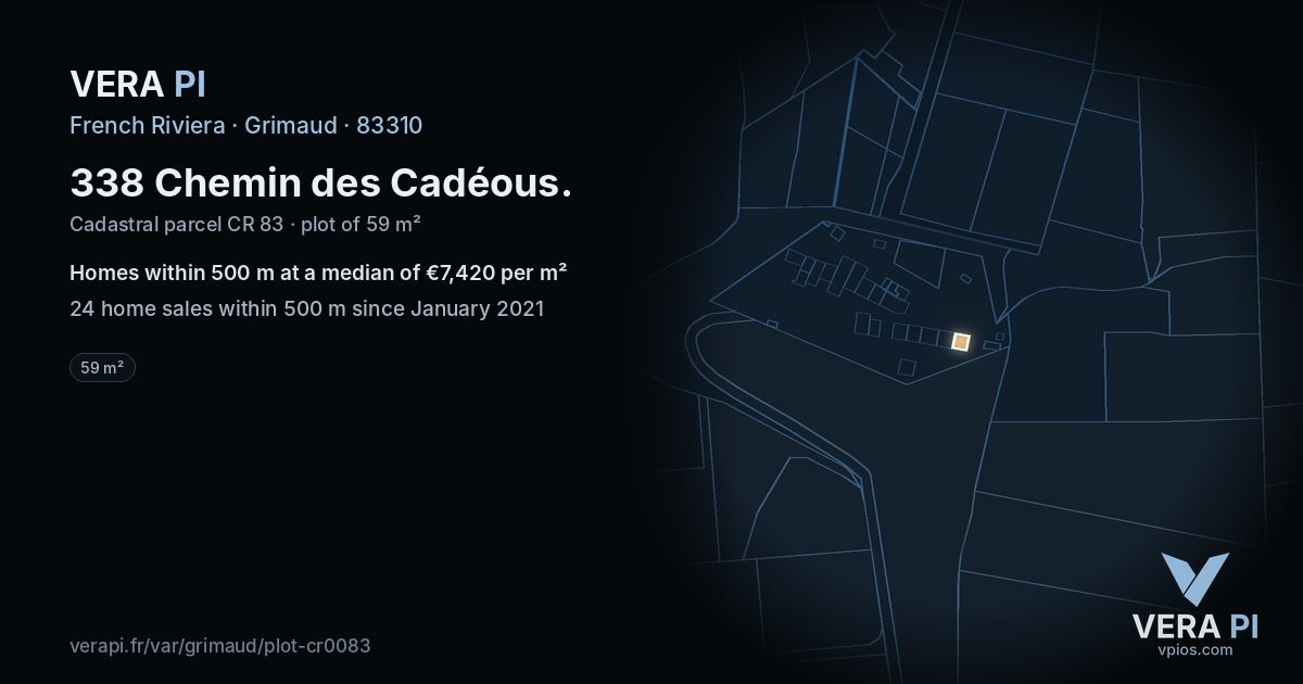 338 Chemin des Cadéous, Grimaud at night – the plot lit, the parcels around coloured by the prices near them