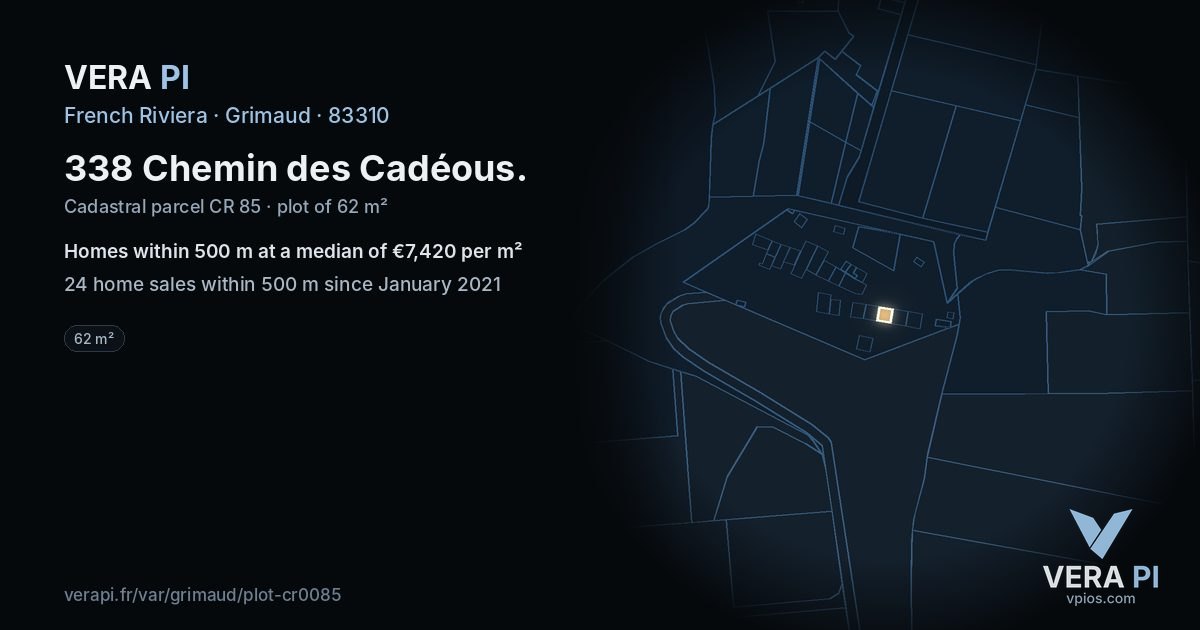 338 Chemin des Cadéous, Grimaud at night – the plot lit, the parcels around coloured by the prices near them