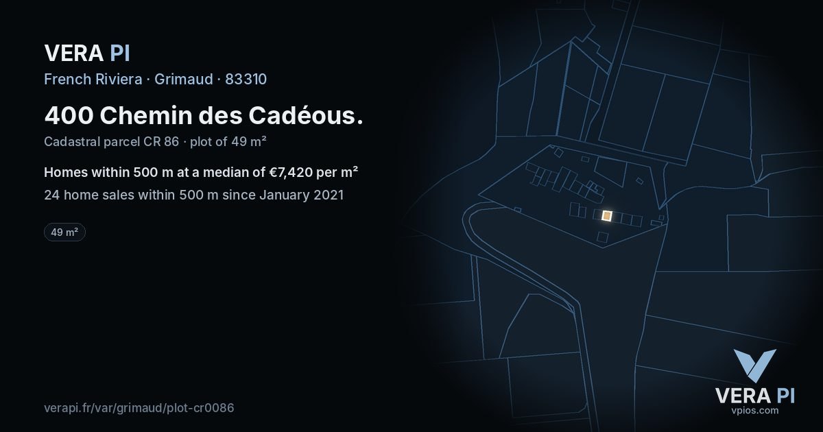400 Chemin des Cadéous, Grimaud at night – the plot lit, the parcels around coloured by the prices near them