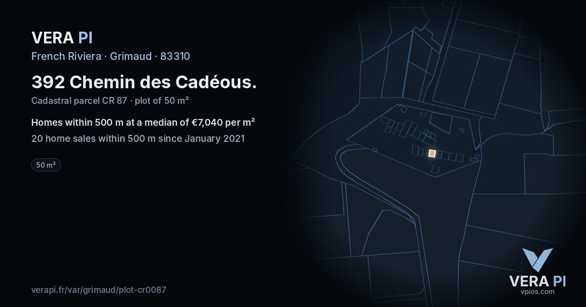 392 Chemin des Cadéous, Grimaud at night – the plot lit, the parcels around coloured by the prices near them