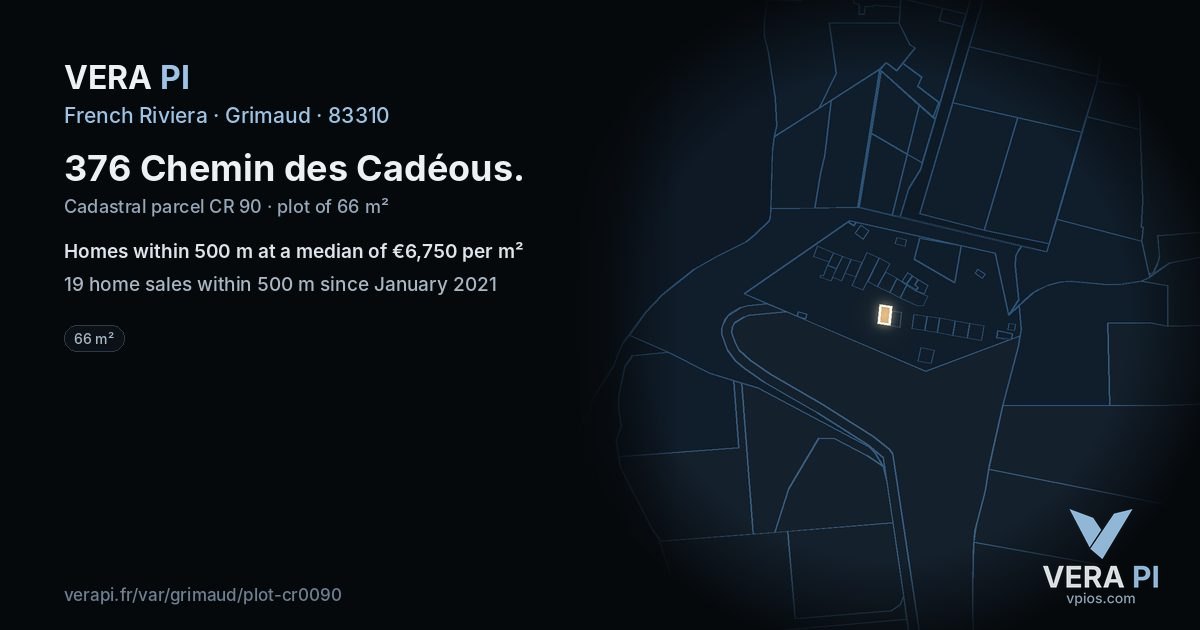 376 Chemin des Cadéous, Grimaud at night – the plot lit, the parcels around coloured by the prices near them
