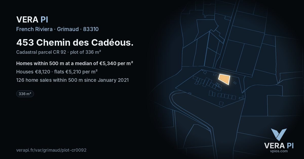 453 Chemin des Cadéous, Grimaud at night – the plot lit, the parcels around coloured by the prices near them
