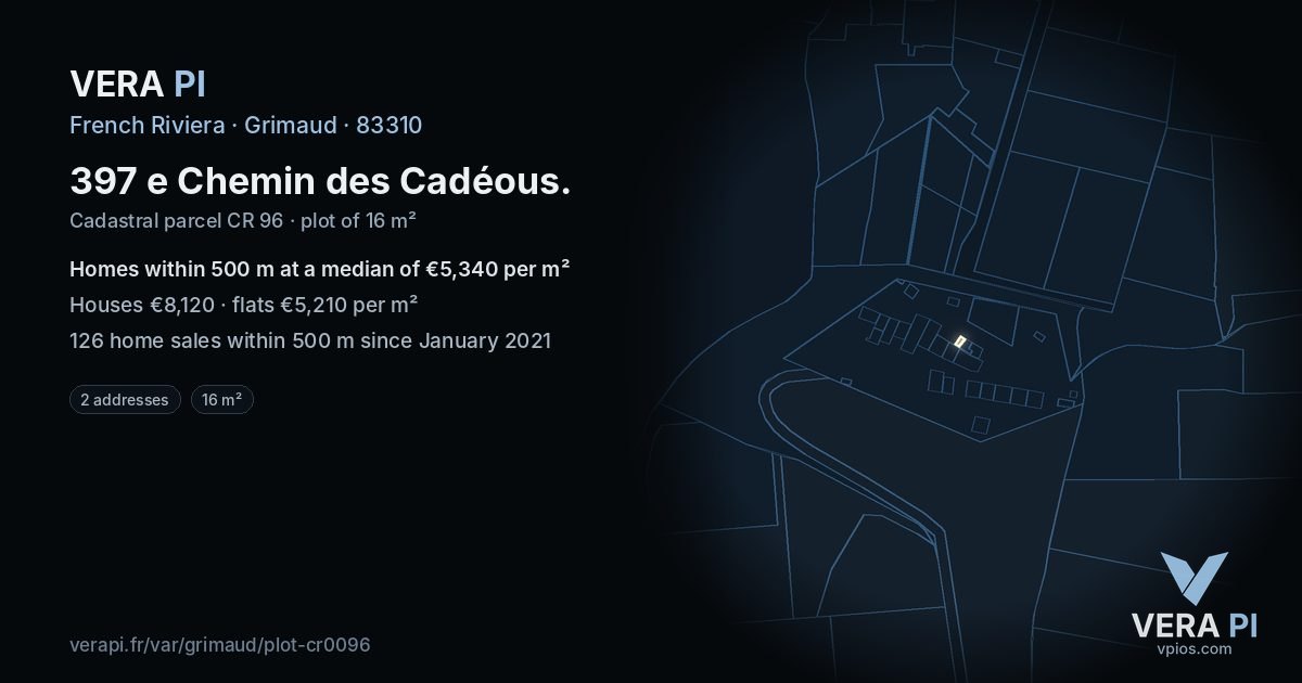 397 e Chemin des Cadéous, Grimaud at night – the plot lit, the parcels around coloured by the prices near them