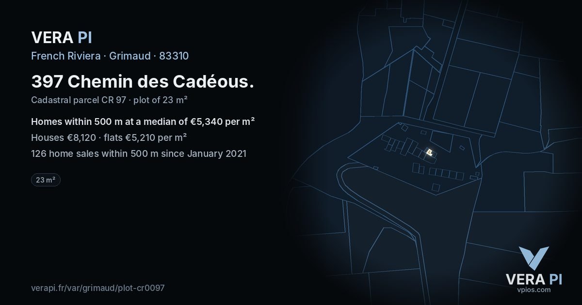 397 Chemin des Cadéous, Grimaud at night – the plot lit, the parcels around coloured by the prices near them