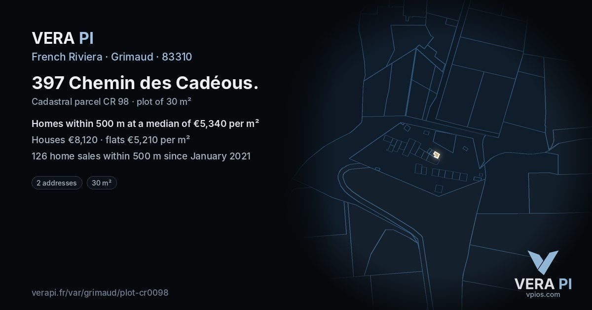 397 Chemin des Cadéous, Grimaud at night – the plot lit, the parcels around coloured by the prices near them