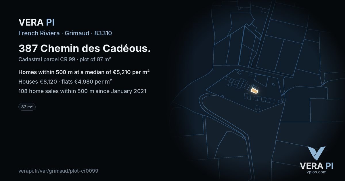 387 Chemin des Cadéous, Grimaud at night – the plot lit, the parcels around coloured by the prices near them