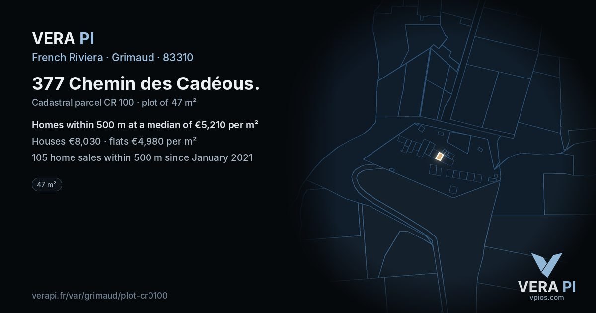 377 Chemin des Cadéous, Grimaud at night – the plot lit, the parcels around coloured by the prices near them