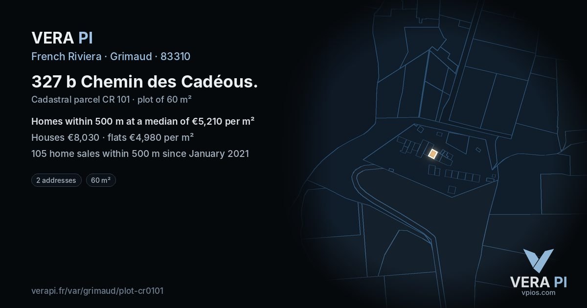 327 b Chemin des Cadéous, Grimaud at night – the plot lit, the parcels around coloured by the prices near them