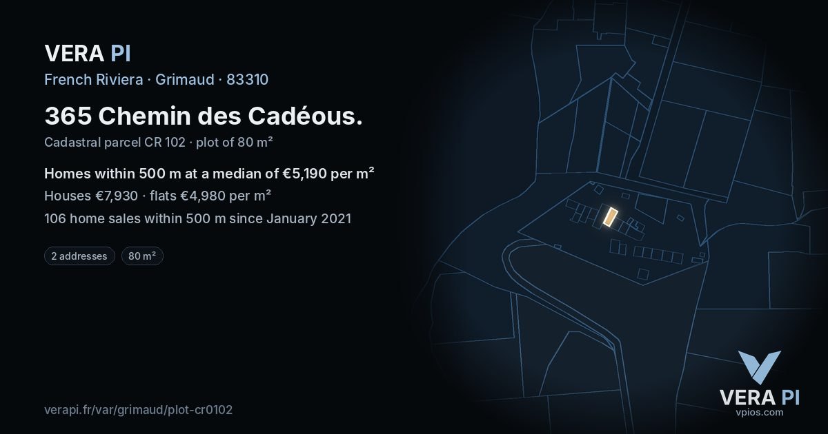 365 Chemin des Cadéous, Grimaud at night – the plot lit, the parcels around coloured by the prices near them