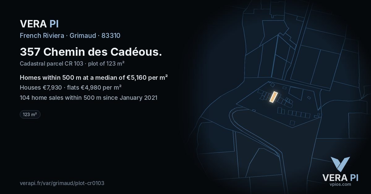 357 Chemin des Cadéous, Grimaud at night – the plot lit, the parcels around coloured by the prices near them