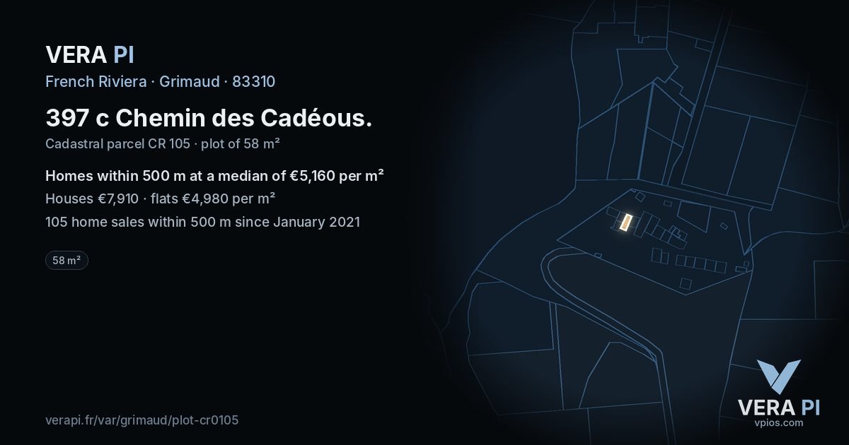 397 c Chemin des Cadéous, Grimaud at night – the plot lit, the parcels around coloured by the prices near them