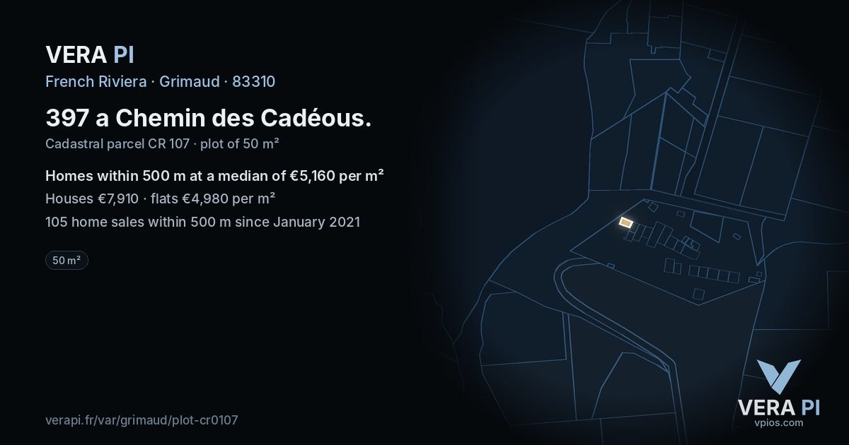 397 a Chemin des Cadéous, Grimaud at night – the plot lit, the parcels around coloured by the prices near them
