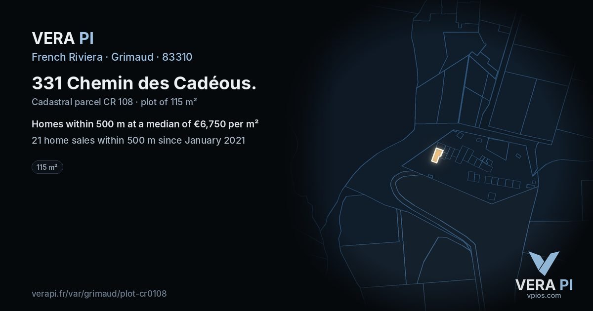331 Chemin des Cadéous, Grimaud at night – the plot lit, the parcels around coloured by the prices near them
