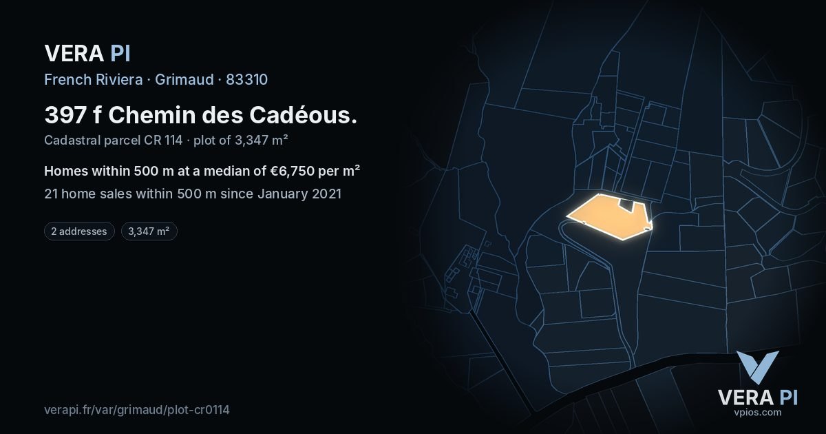 397 f Chemin des Cadéous, Grimaud at night – the plot lit, the parcels around coloured by the prices near them