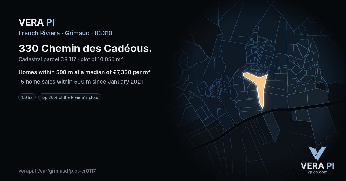 330 Chemin des Cadéous, Grimaud at night – the plot lit, the parcels around coloured by the prices near them