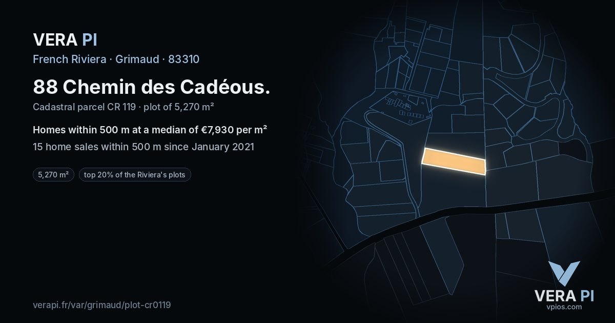 88 Chemin des Cadéous, Grimaud at night – the plot lit, the parcels around coloured by the prices near them