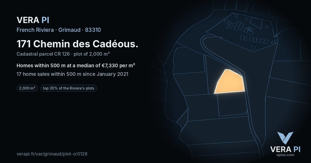 171 Chemin des Cadéous, Grimaud at night – the plot lit, the parcels around coloured by the prices near them