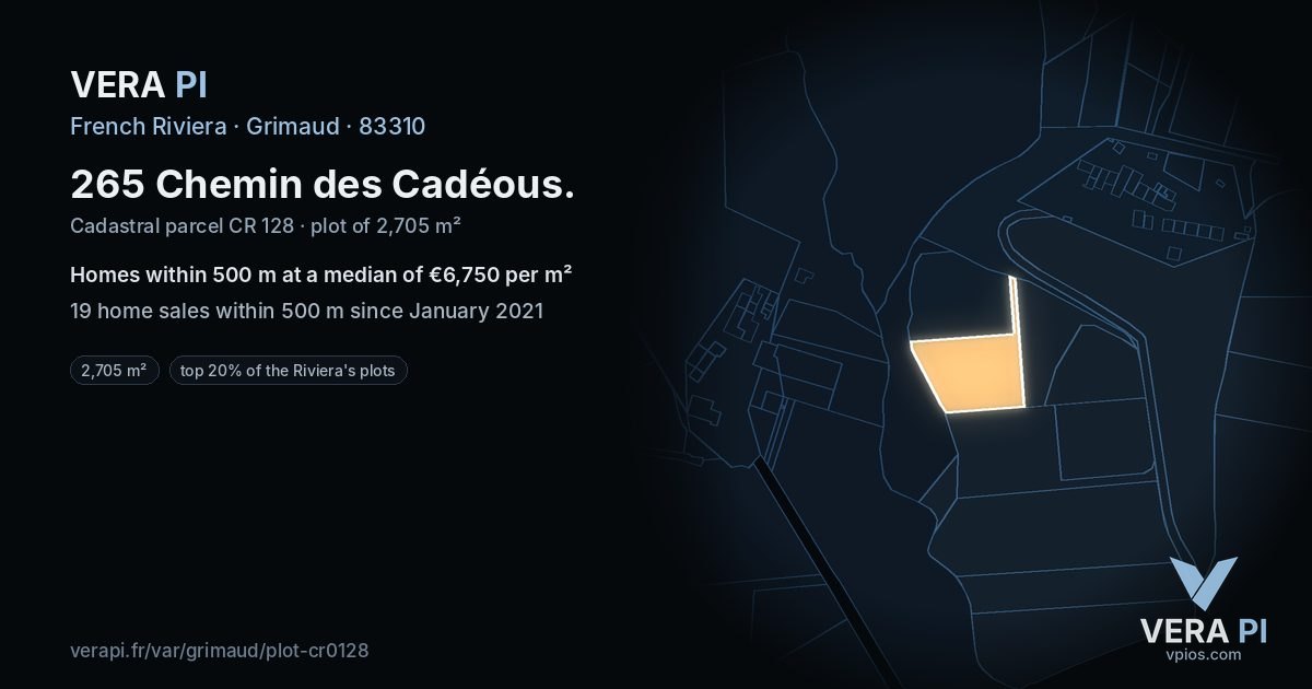 265 Chemin des Cadéous, Grimaud at night – the plot lit, the parcels around coloured by the prices near them