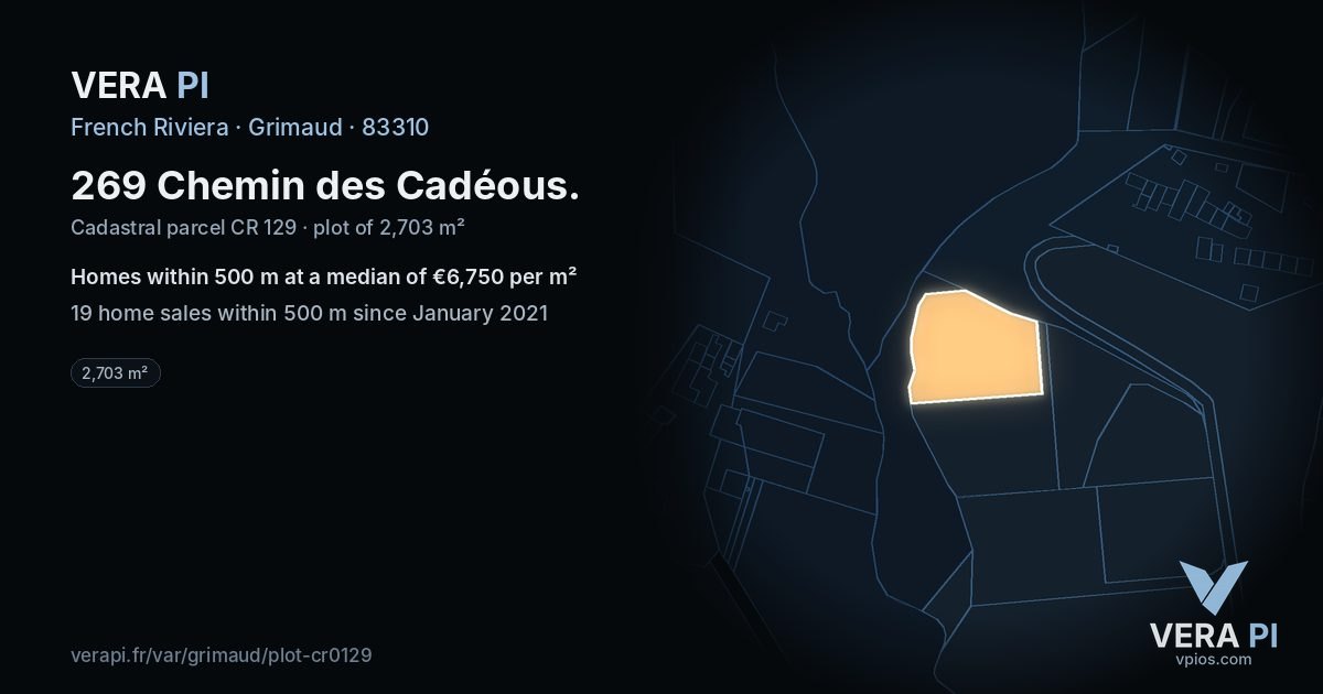 269 Chemin des Cadéous, Grimaud at night – the plot lit, the parcels around coloured by the prices near them