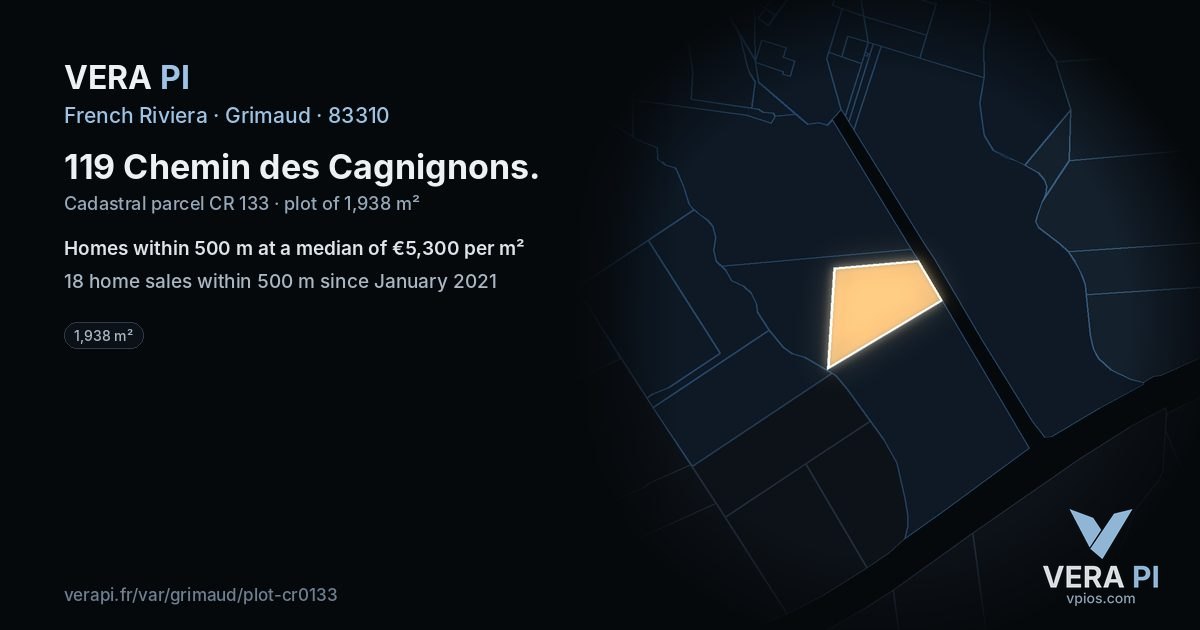 119 Chemin des Cagnignons, Grimaud at night – the plot lit, the parcels around coloured by the prices near them