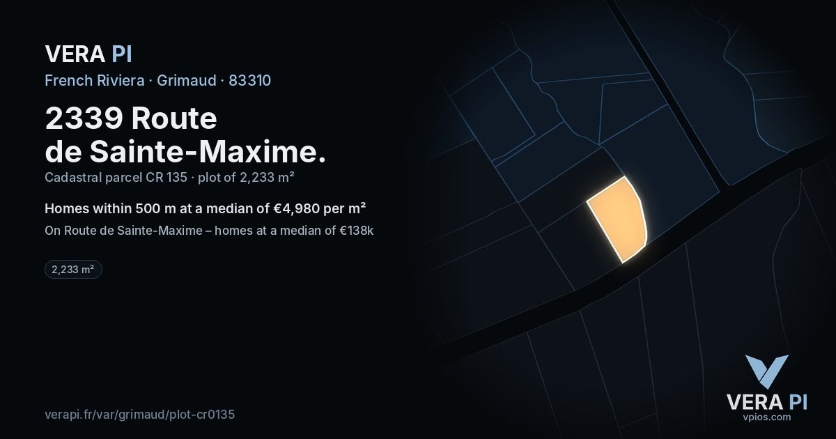 2339 Route de Sainte-Maxime, Grimaud at night – the plot lit, the parcels around coloured by the prices near them