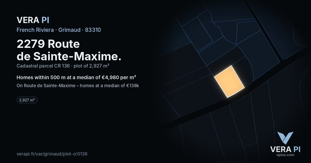 2279 Route de Sainte-Maxime, Grimaud at night – the plot lit, the parcels around coloured by the prices near them