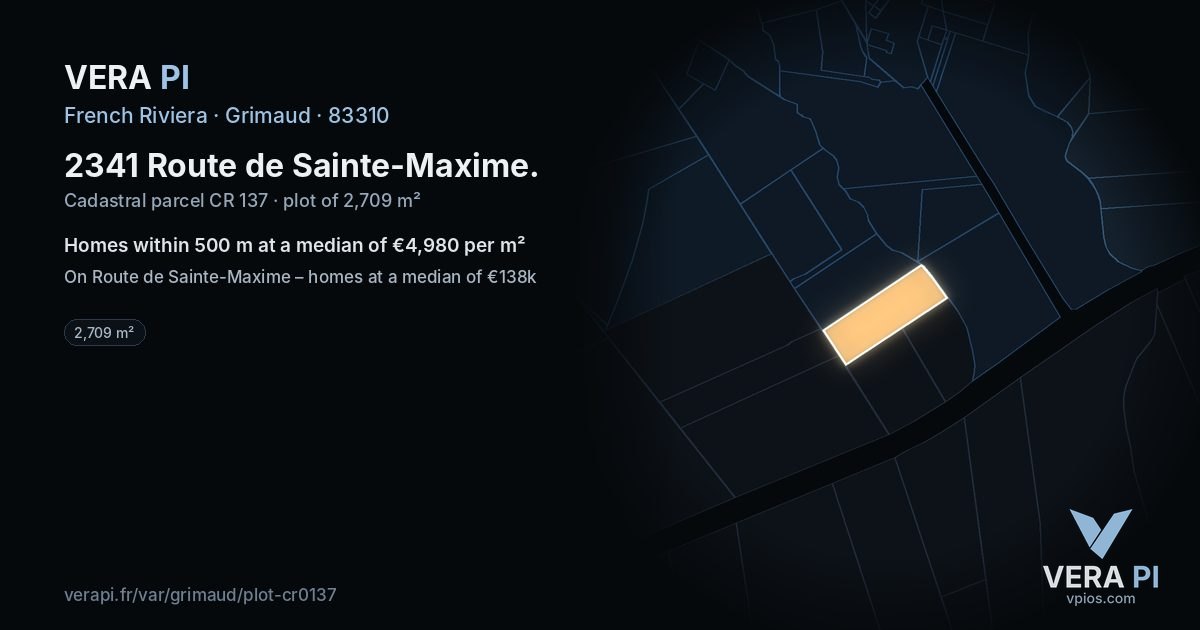 2341 Route de Sainte-Maxime, Grimaud at night – the plot lit, the parcels around coloured by the prices near them