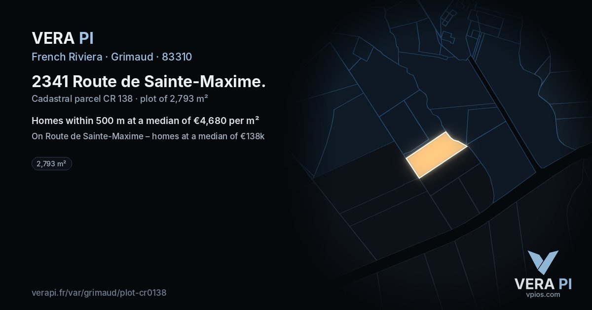 2341 Route de Sainte-Maxime, Grimaud at night – the plot lit, the parcels around coloured by the prices near them