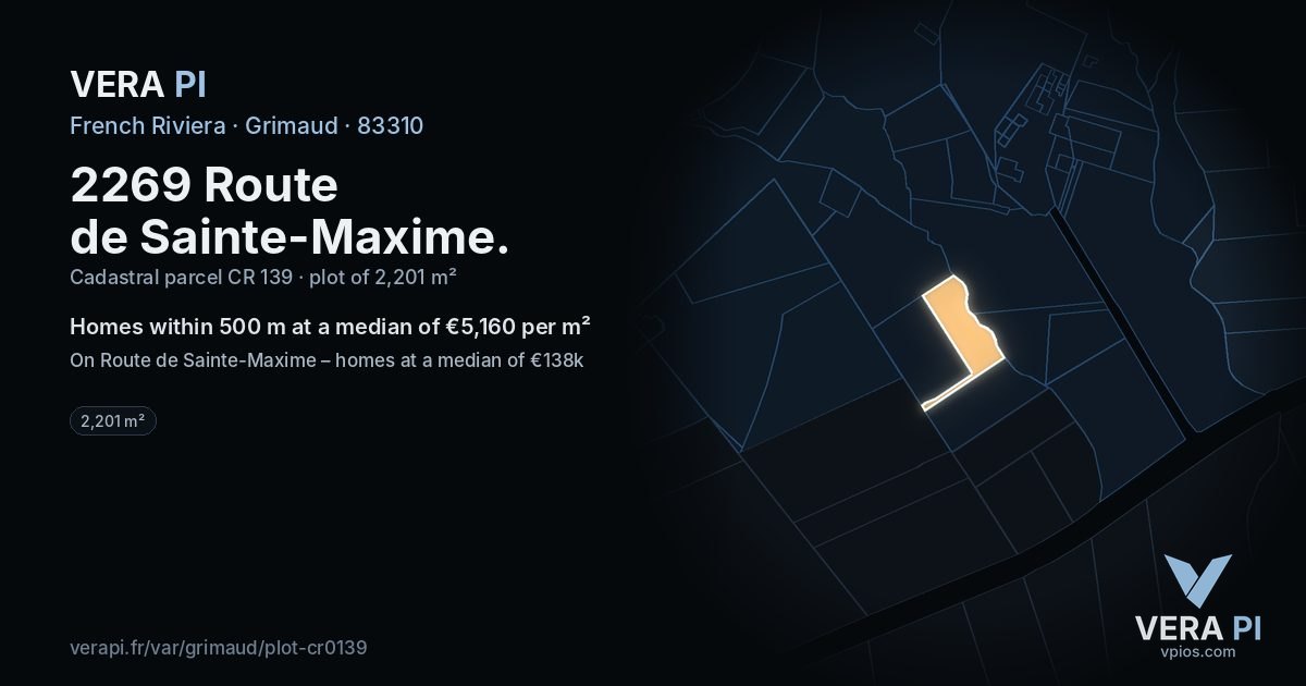 2269 Route de Sainte-Maxime, Grimaud at night – the plot lit, the parcels around coloured by the prices near them