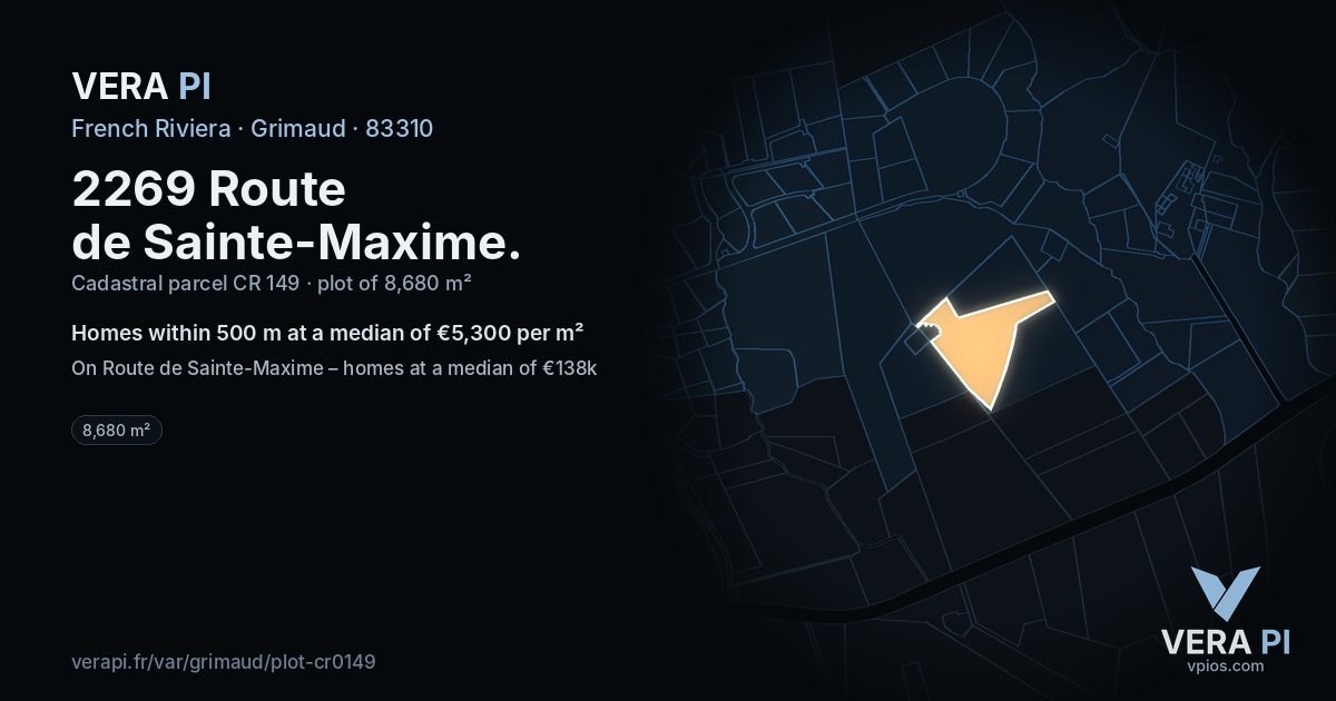 2269 Route de Sainte-Maxime, Grimaud at night – the plot lit, the parcels around coloured by the prices near them