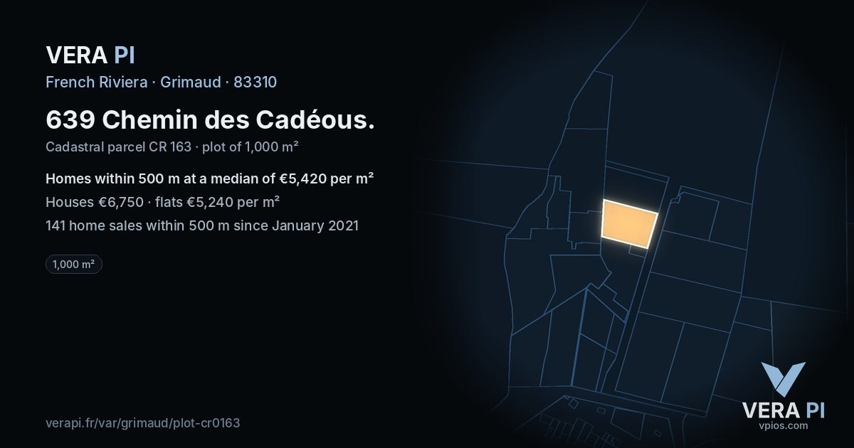 639 Chemin des Cadéous, Grimaud at night – the plot lit, the parcels around coloured by the prices near them