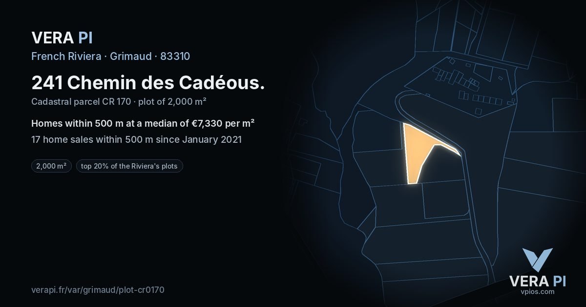 241 Chemin des Cadéous, Grimaud at night – the plot lit, the parcels around coloured by the prices near them