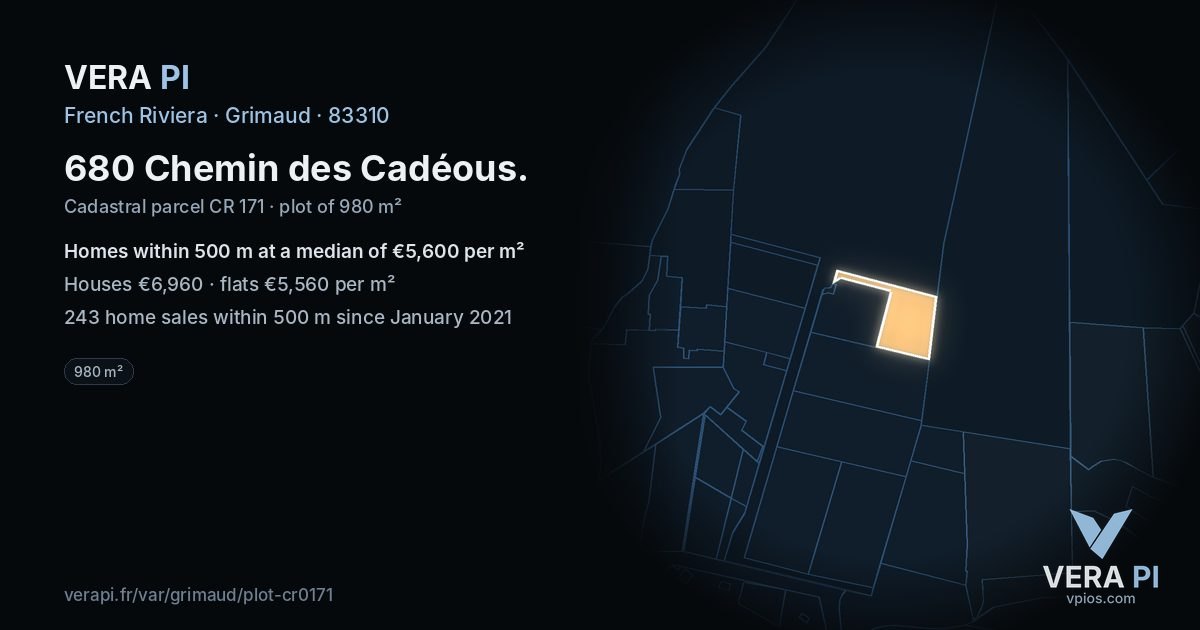 680 Chemin des Cadéous, Grimaud at night – the plot lit, the parcels around coloured by the prices near them