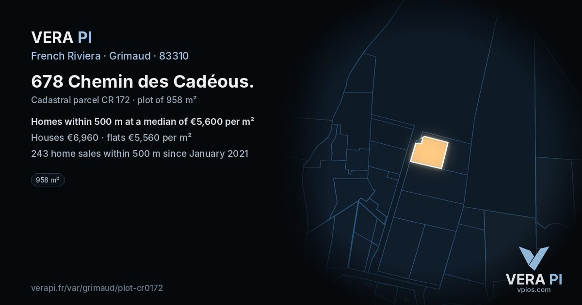 678 Chemin des Cadéous, Grimaud at night – the plot lit, the parcels around coloured by the prices near them